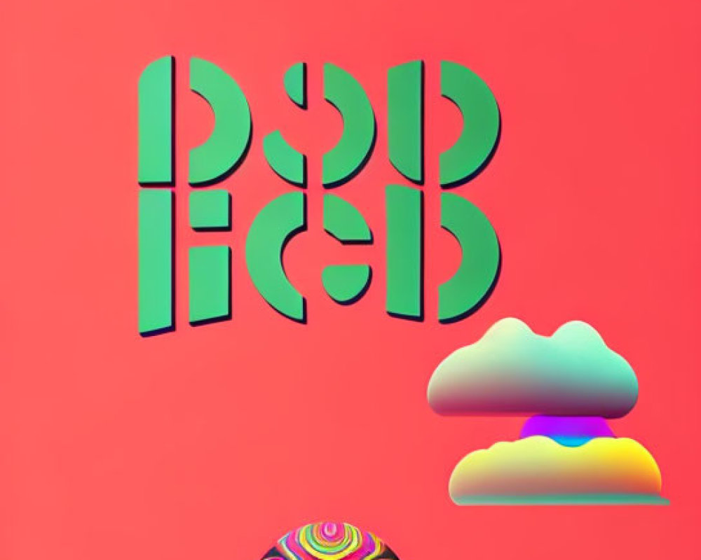 Colorful abstract image with psychedelic patterns on egg-shaped object and stylized clouds on vibrant red background.