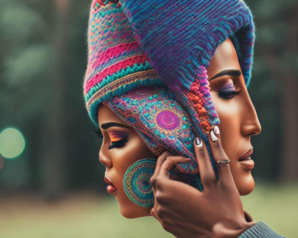 Two women in vibrant makeup and colorful attire pose in serene natural setting