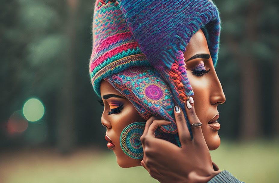 Two women in vibrant makeup and colorful attire pose in serene natural setting