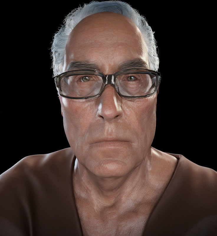 Elderly male with grey hair and glasses in serious pose