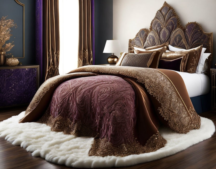 Elegant Luxury Bedroom with Golden-Brown Bedspread, White Rug, and Dark Purple Walls