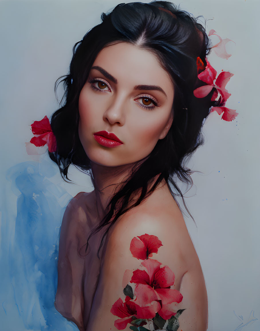 Woman with Striking Eyes and Dark Hair Adorned with Red Flowers on Soft Blue Background