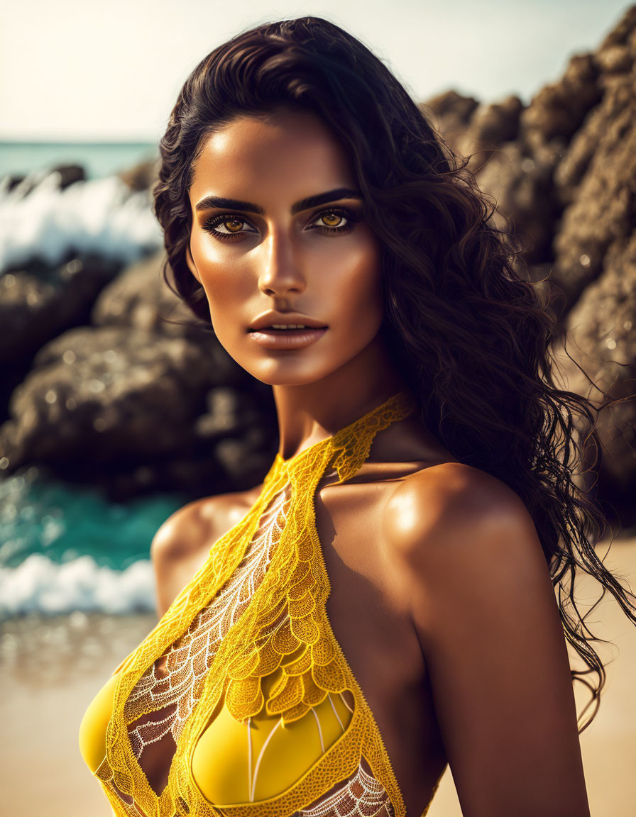 Woman with wavy hair in yellow lace swimsuit on rocky beach