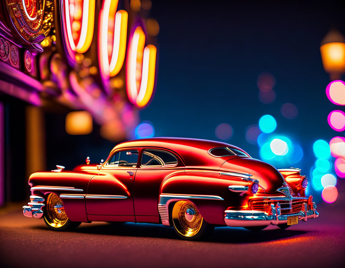 Classic Red Car Night Scene with Neon Lights and Bokeh