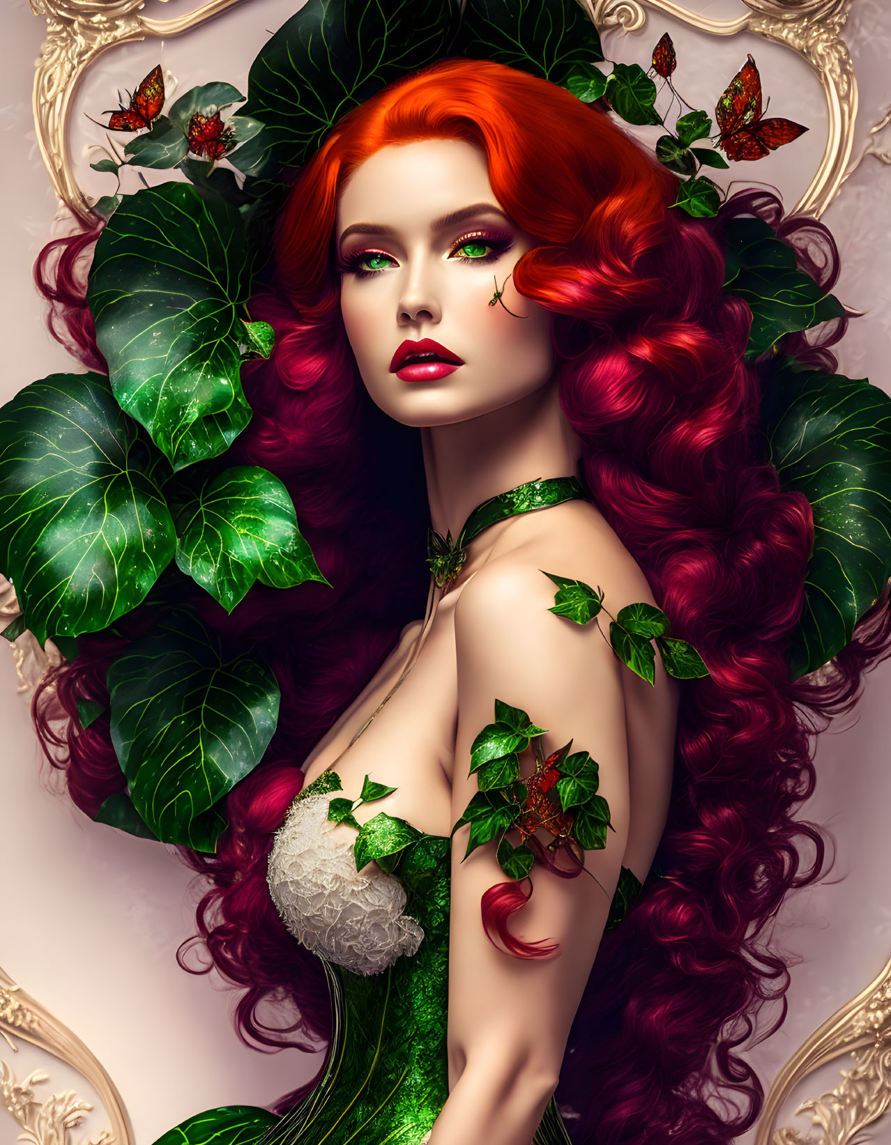 Illustration of woman with red hair in nature-themed setting.