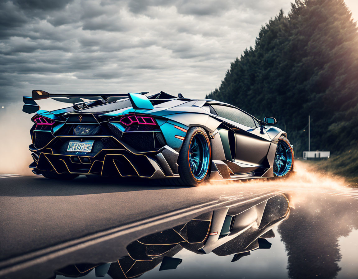 Custom blue and black wrapped Lamborghini Aventador sparks on road with reflection.