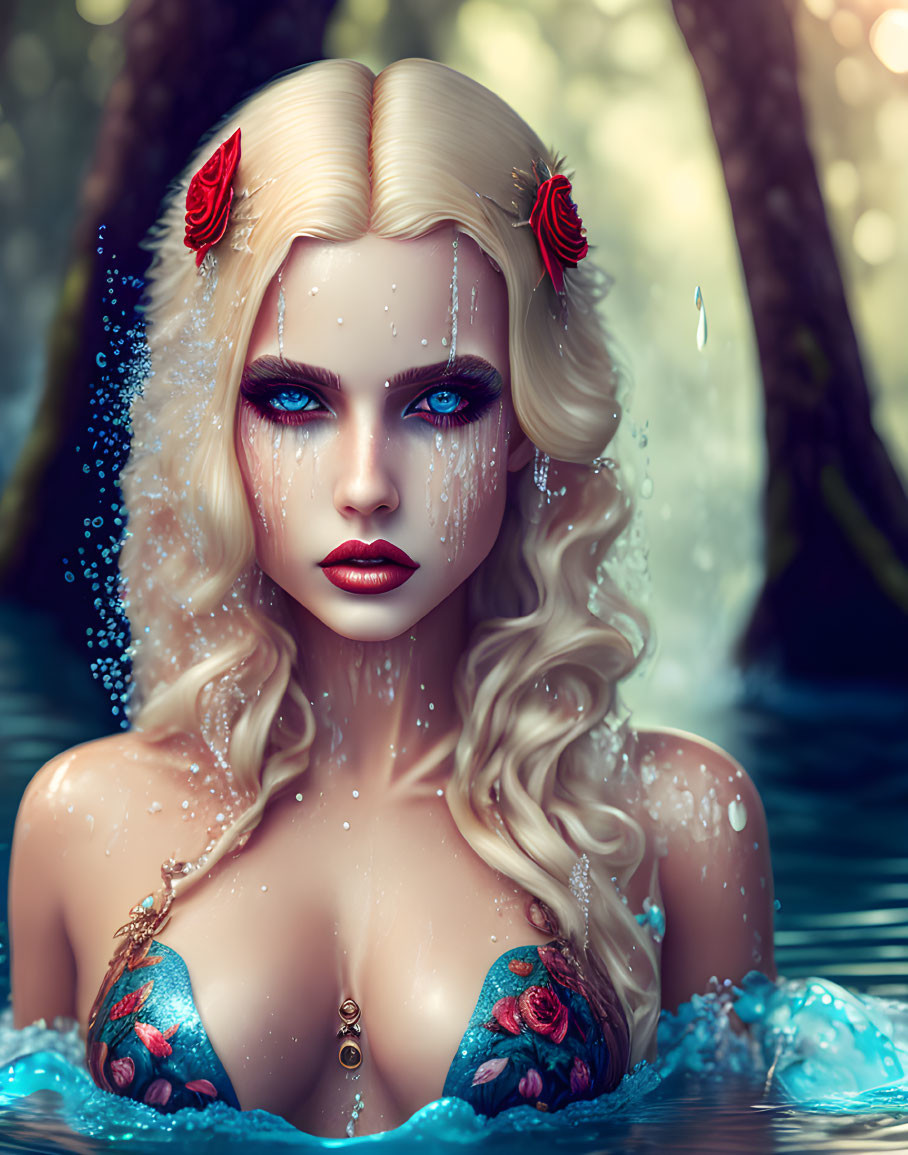 Blonde female with blue eyes and roses in hair in water with droplets