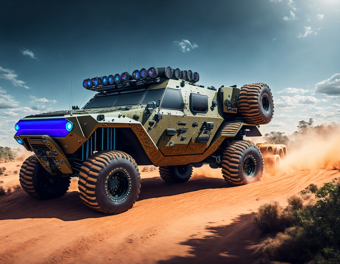 Custom off-road tactical vehicle in desert setting with suspension lift and spare wheel mounts