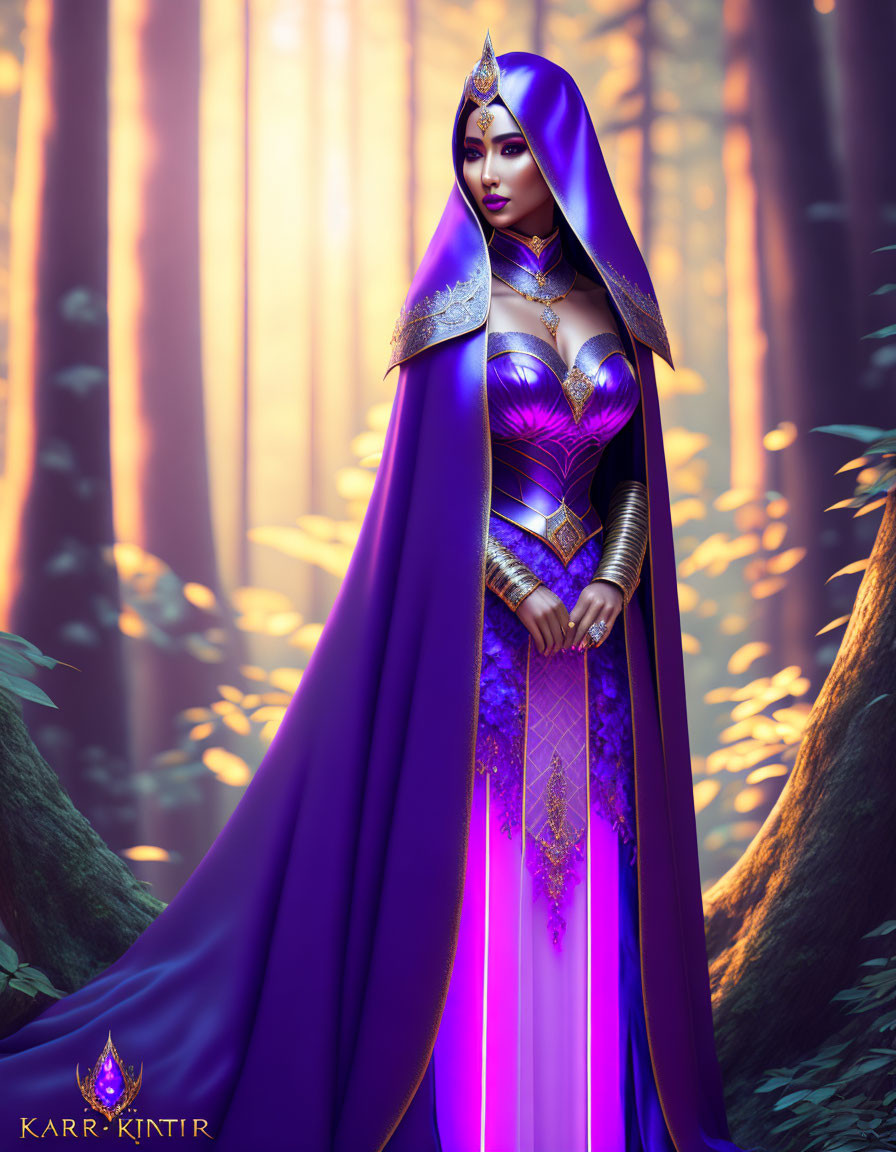 Fantasy queen with purple hair in regal attire in sunlit forest