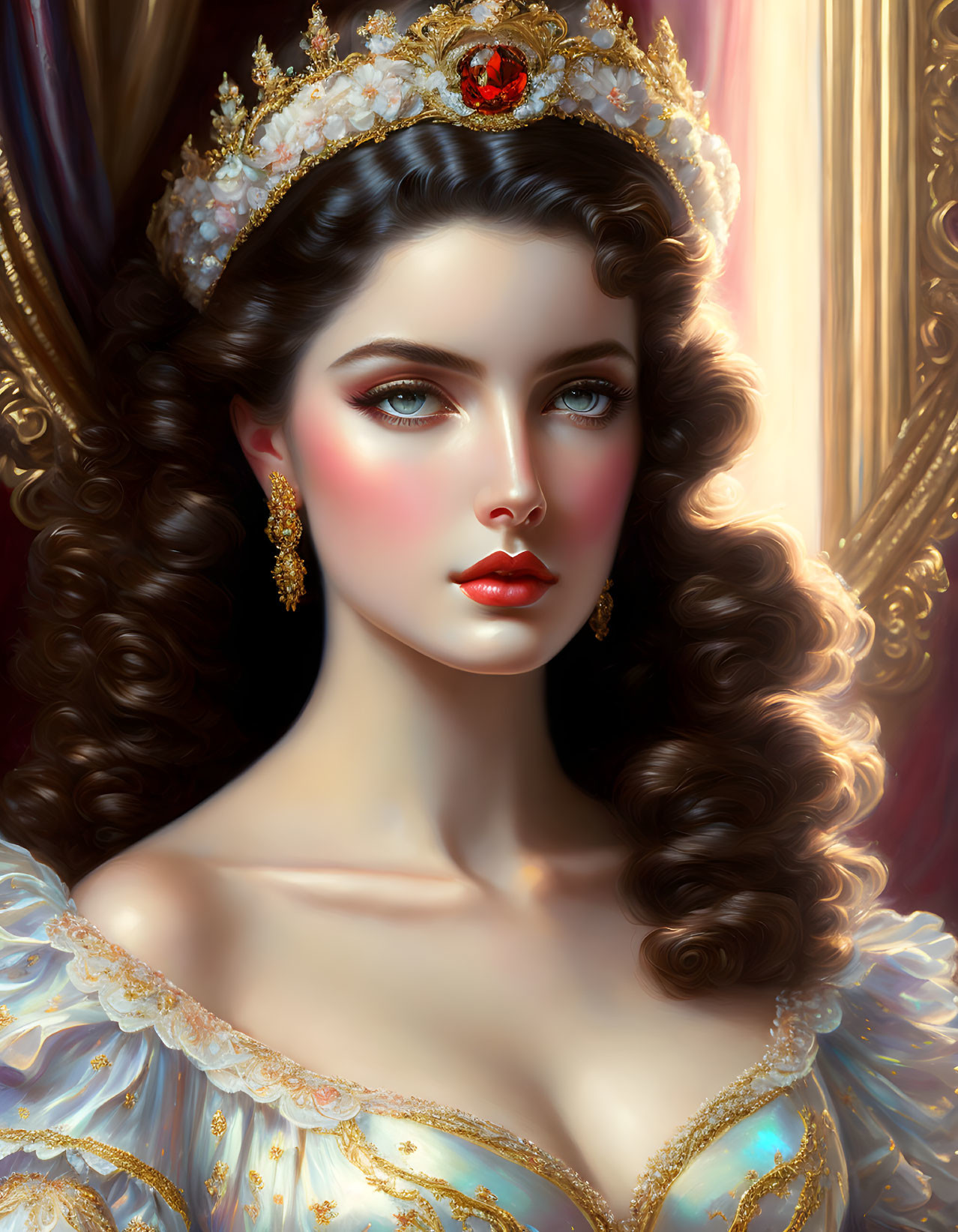 Regal woman digital painting with gold jewelry and crown