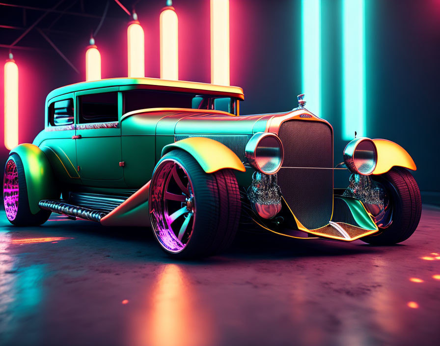 Vintage Car with Green Body and Gold Accents Under Neon Lights