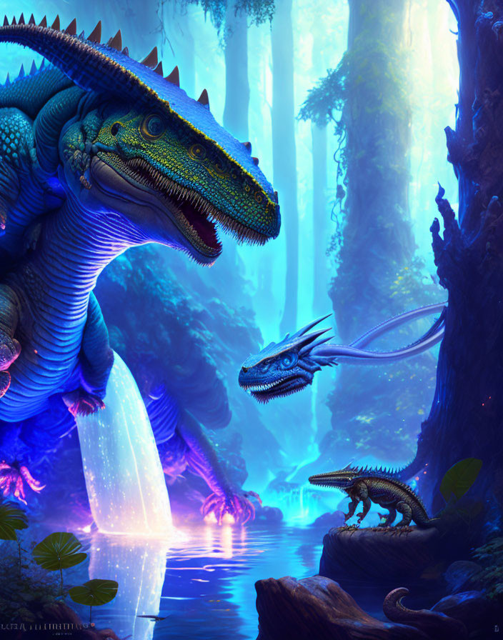 Illustration: Three dragons in mystical forest with luminescent trees & tranquil stream