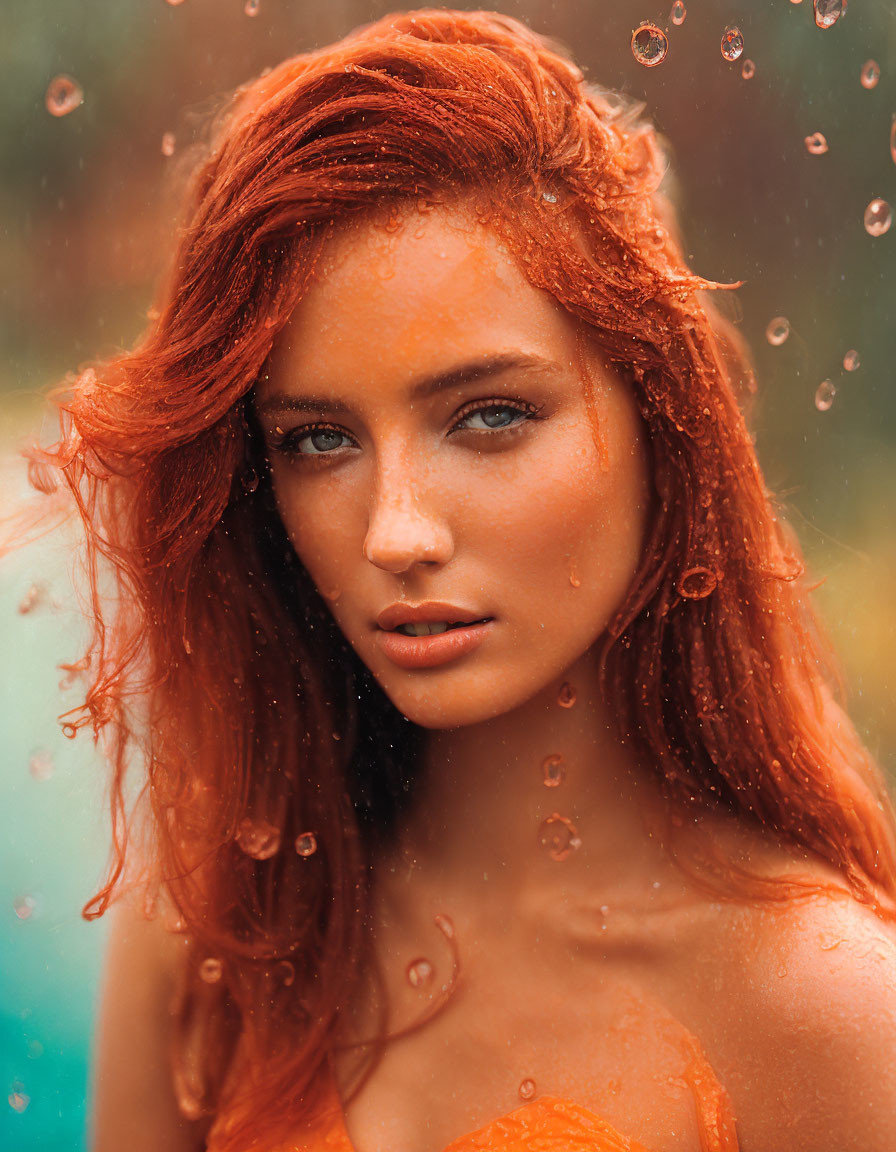 Red-haired woman with blue eyes behind droplets in a pensive gaze