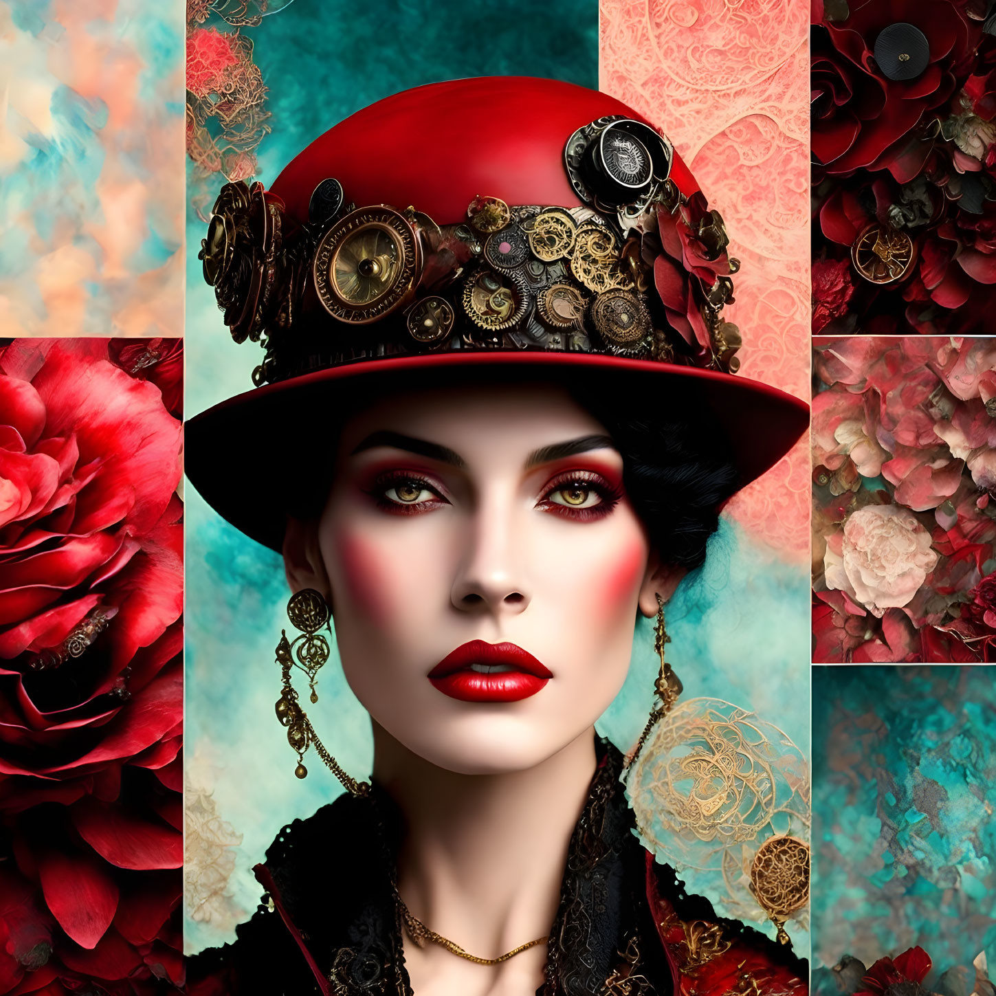 Stylized portrait of a woman with dramatic makeup and red hat adorned with gears and clock faces,