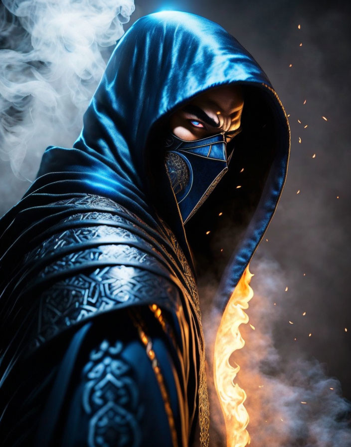 Mysterious figure in blue cloak with glowing eyes amid smoke.