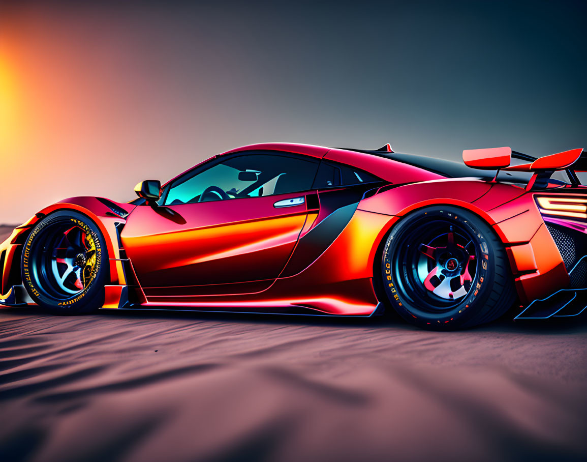 Sleek red and orange sports car with large wheels against sunset sky