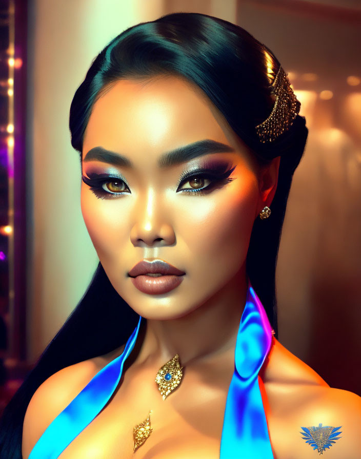 Portrait of woman with bold eye makeup and winged eyeliner in gold jewelry and blue satin garment against