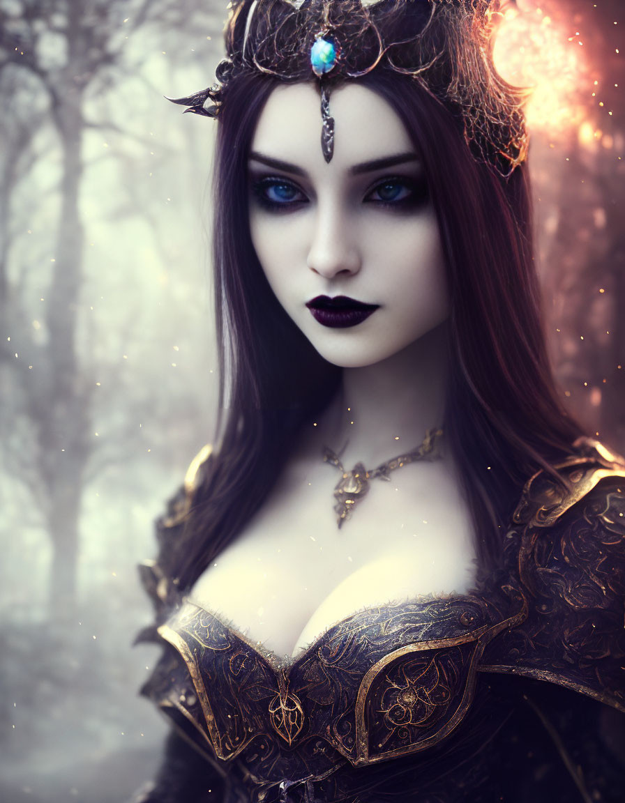 Woman in crown and gold armor with blue eyes in misty forest