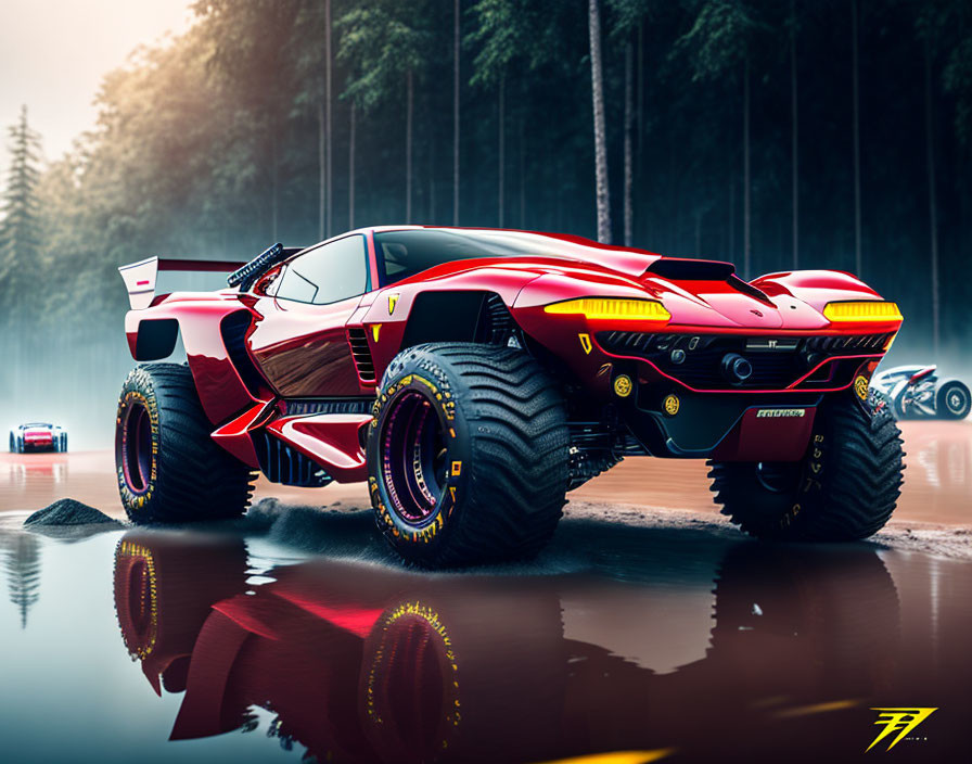 Modified sports car with off-road capabilities in red and black livery parked by forest road puddle