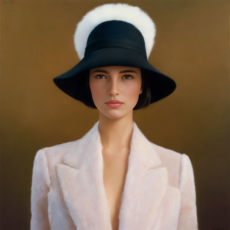 Portrait of woman with dark hair, fair skin, black hat, white fur band, pink fur coat