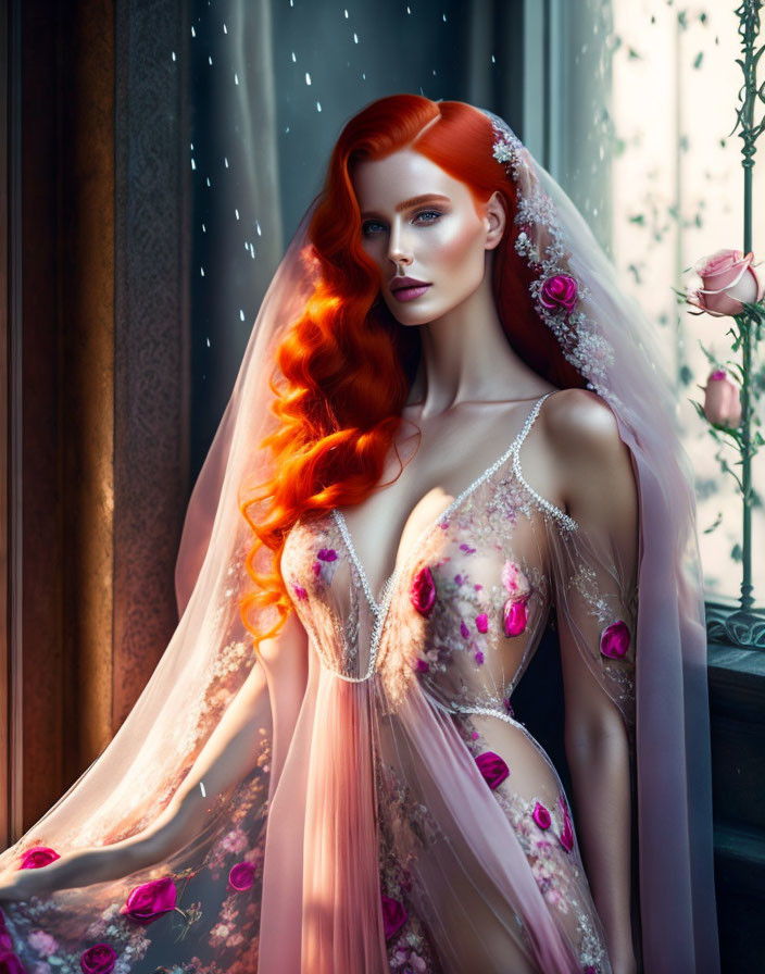 Vibrant red-haired woman in pink gown by window in sunlight