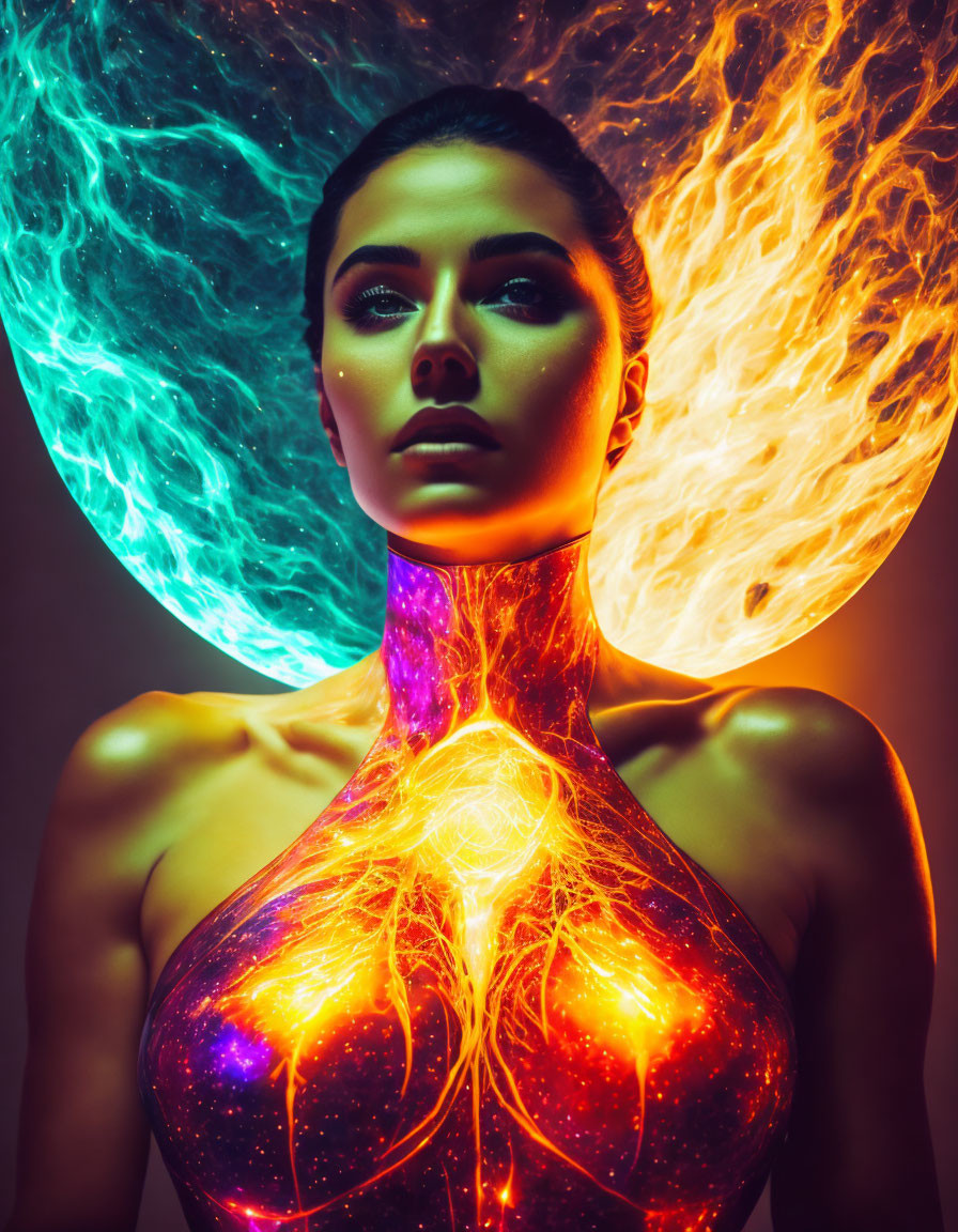 Woman with neon body paint depicting fiery and icy elements on dark background