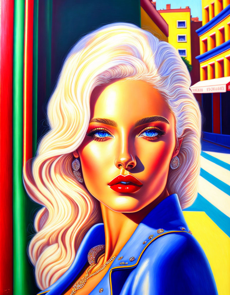 Colorful portrait of a woman with platinum blonde hair and blue eyes in urban setting