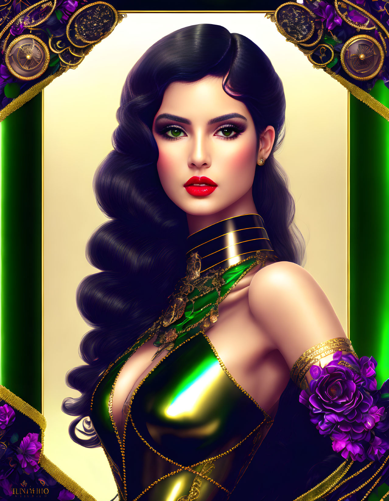 Digital artwork featuring woman with voluminous black hair and ornate green outfit