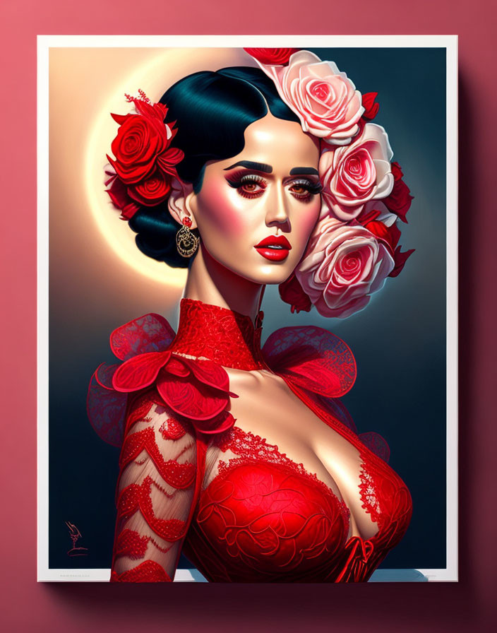 Stylized portrait of woman with dark hair, white and red roses, red lace dress, e