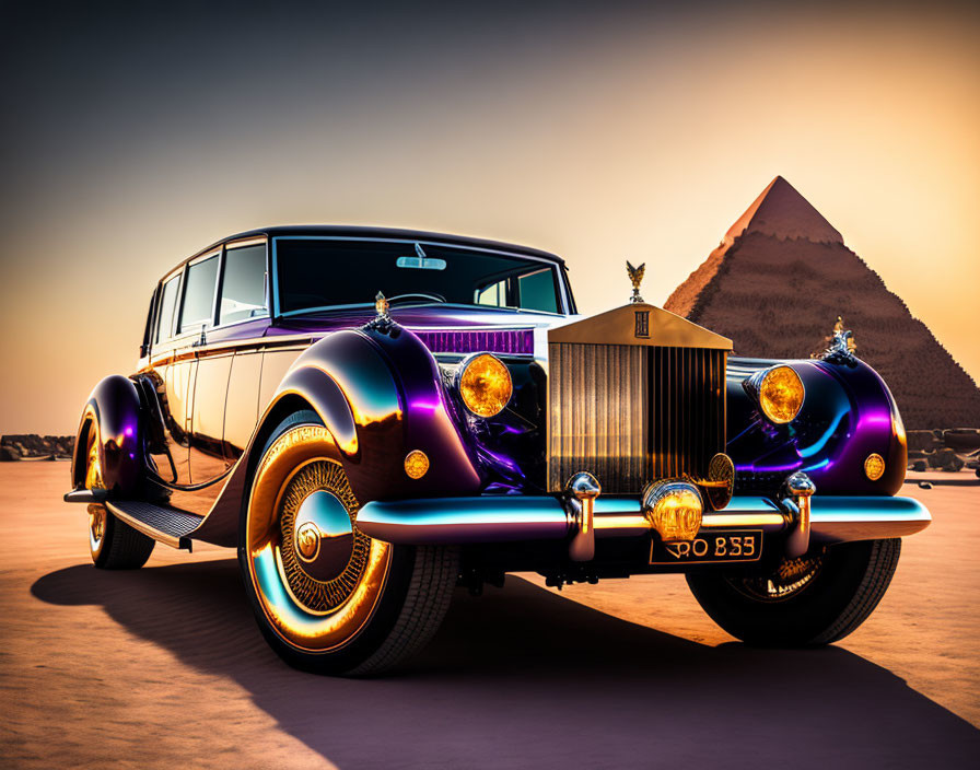 Vintage luxury car parked in front of pyramid at sunset