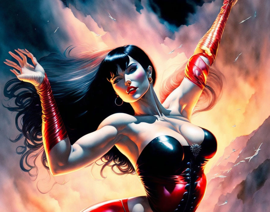 Female superhero with black hair in red and black costume wields lasso under dramatic sky.