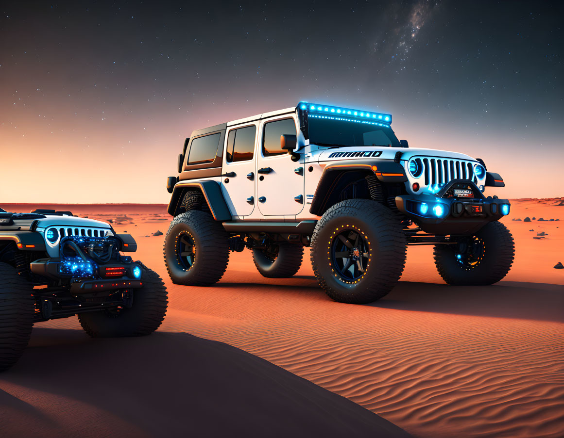 Modified off-road vehicles parked in desert twilight with crescent moon.