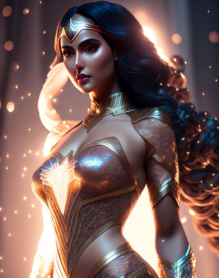 Digital artwork of superheroine in golden tiara and armor