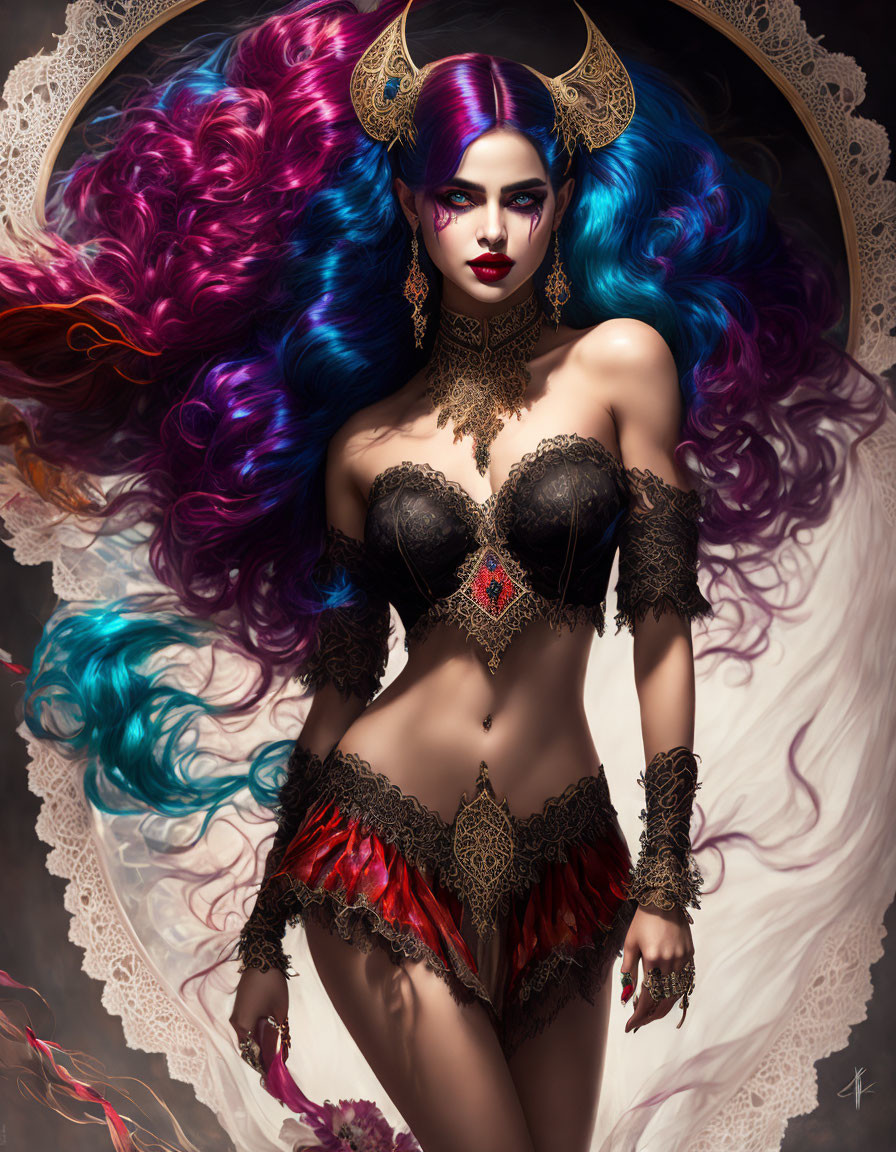 Fantasy illustration of a horned woman with vibrant flowing hair and intricate dark attire.