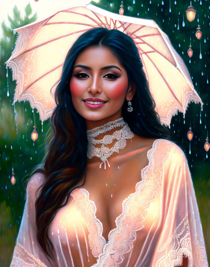 Smiling woman with lace umbrella in lacy gown under glowing lanterns