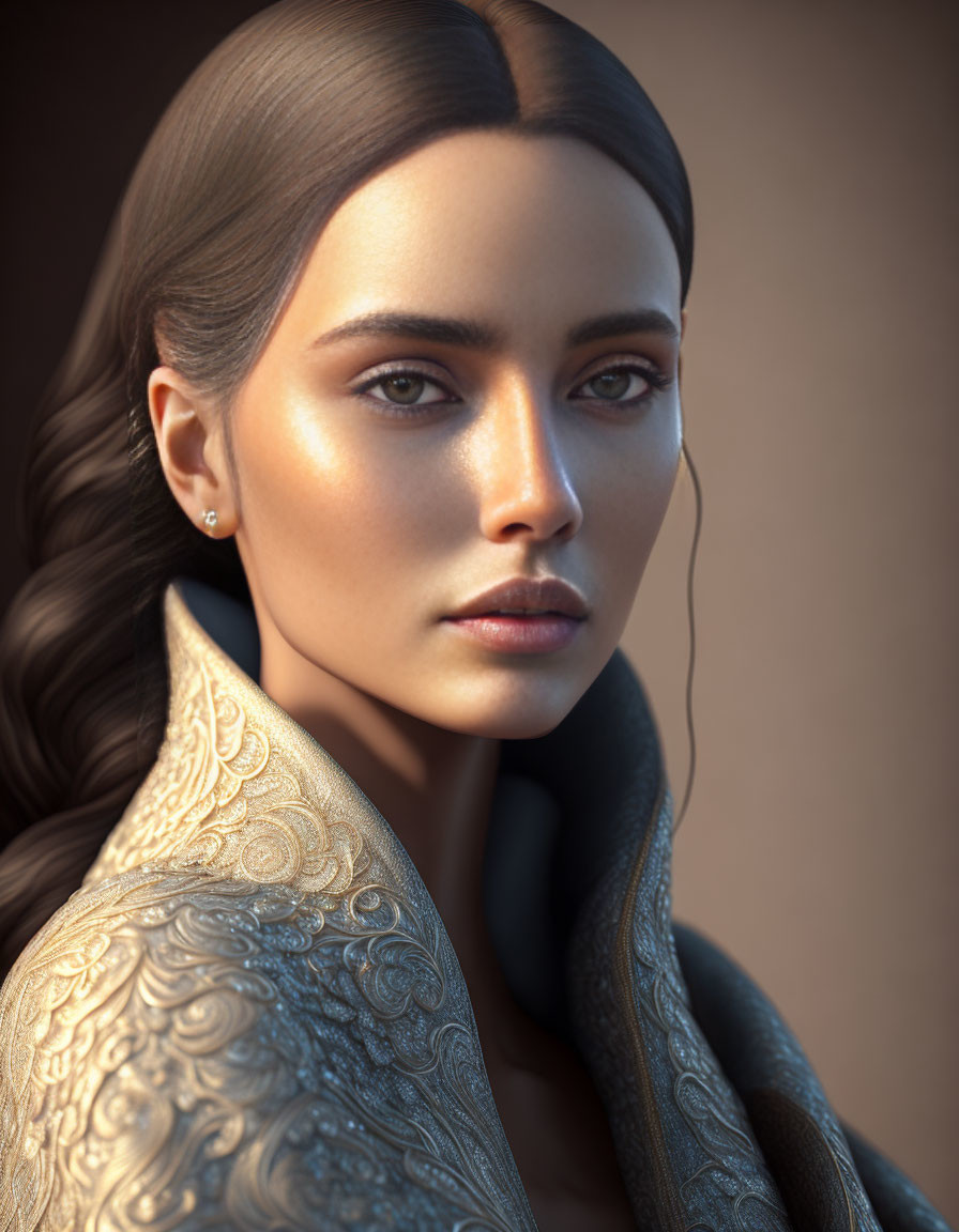 Detailed Digital Portrait of Woman with Slicked-Back Hair