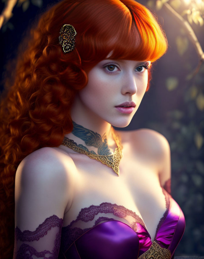 Red-haired woman in gold hairpiece and purple dress against natural background