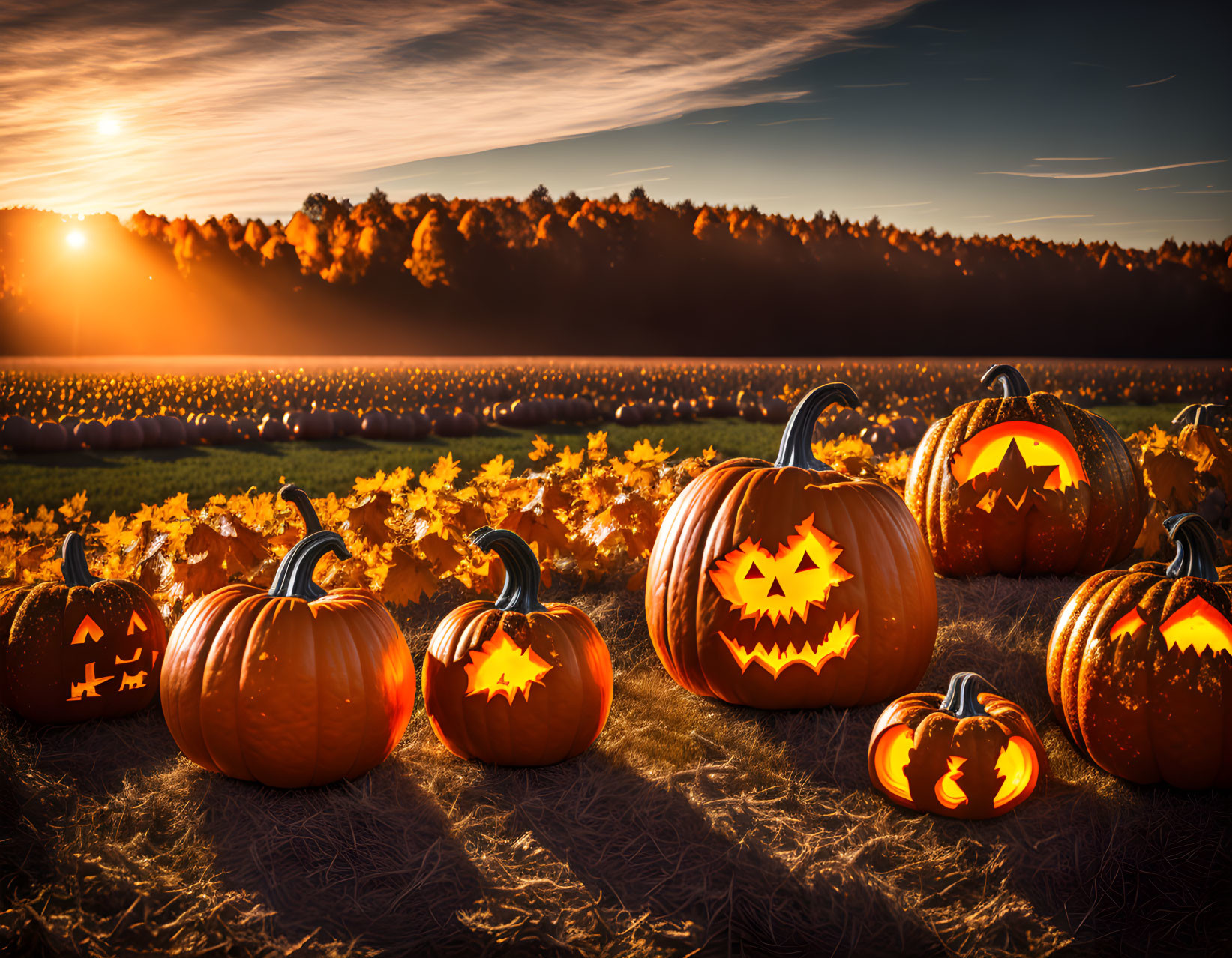 Glowing carved pumpkins in sunset field with autumn foliage