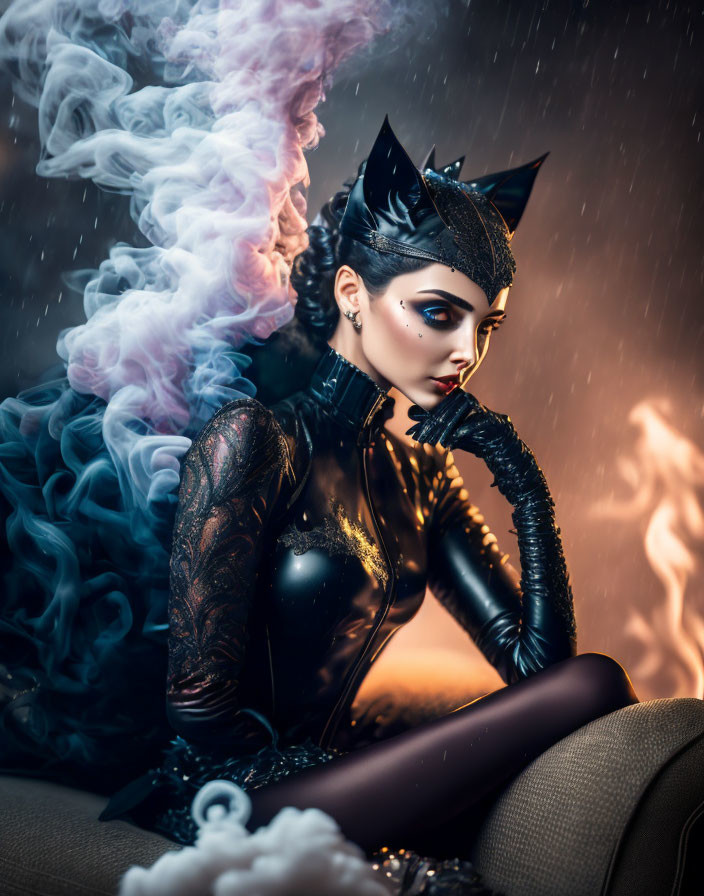 Person in Black Cat Costume Poses with Smoke and Fire Effects