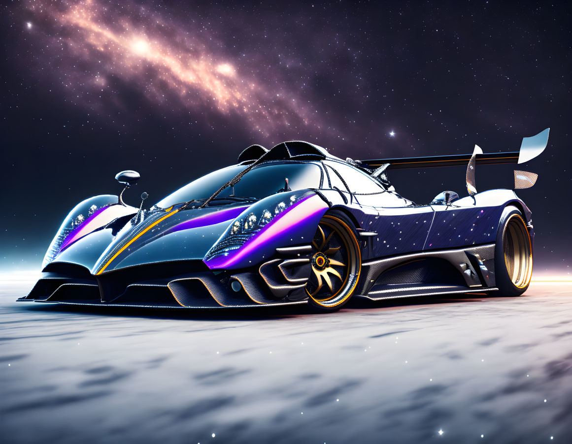 Futuristic race car with gold rims on starry night sky