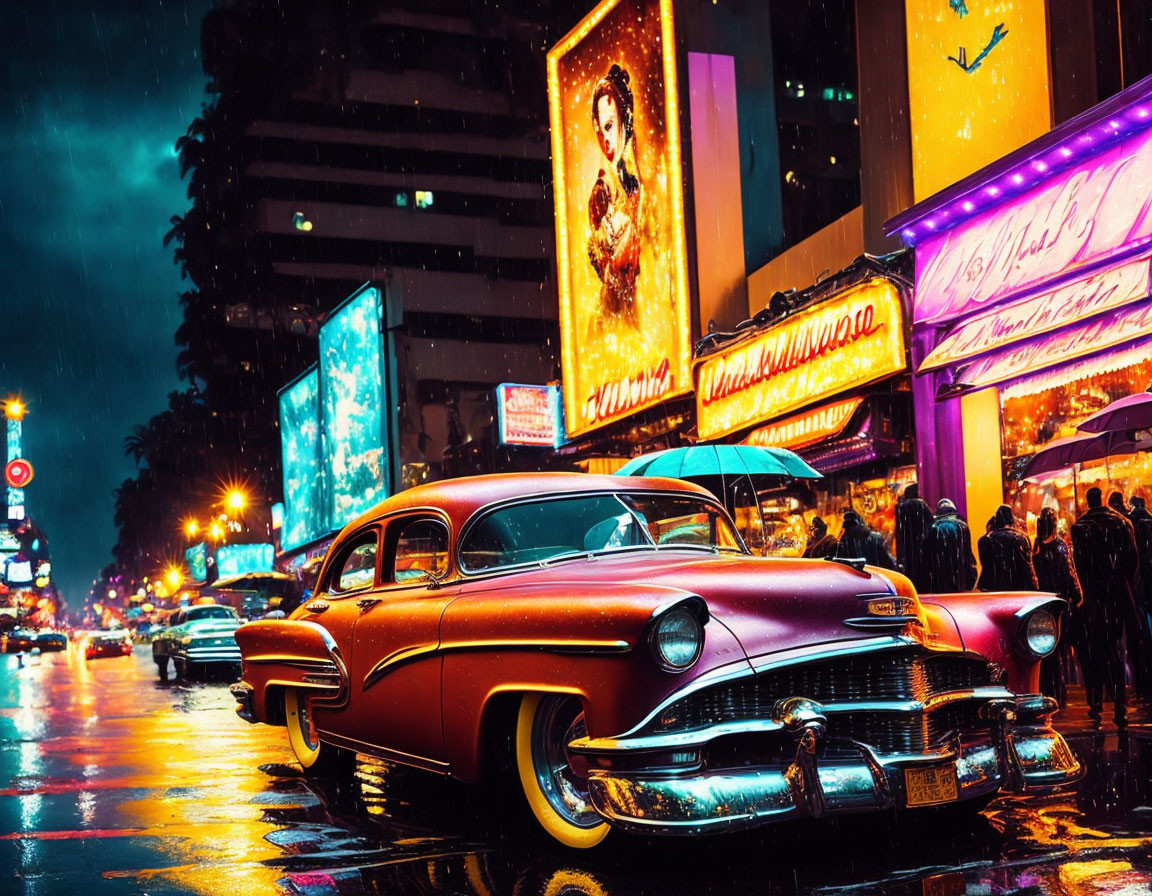 Classic Red Car in Rainy Neon Street Scene