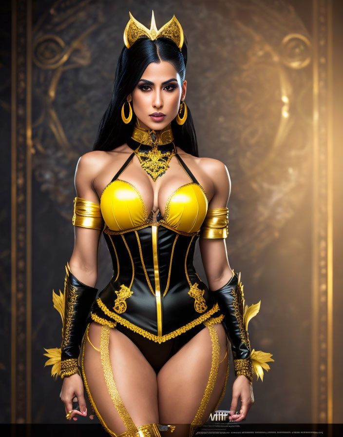 Woman in regal gold and black costume with crown and high collar.