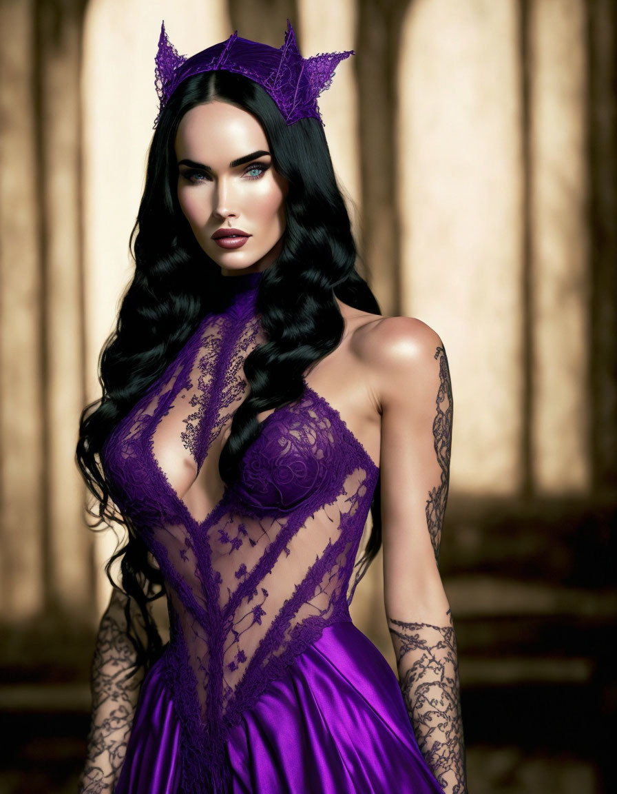 Dark-Haired Woman in Purple Lacy Dress with Bat-Themed Headpiece in Forest