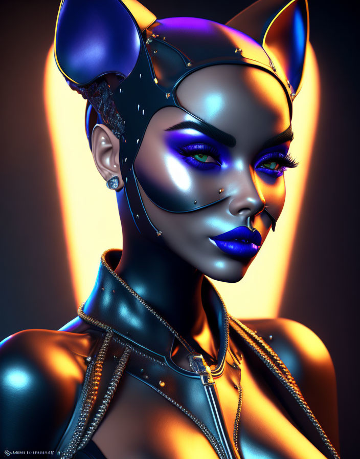 Futuristic digital art: Blue-skinned woman with cat-like features in leather outfit