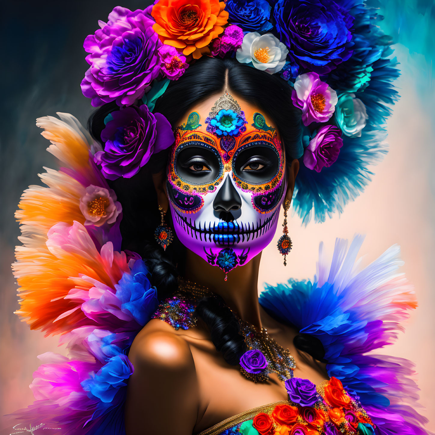 Woman in Dia de los Muertos makeup and attire with floral headdress and feathered shoulders