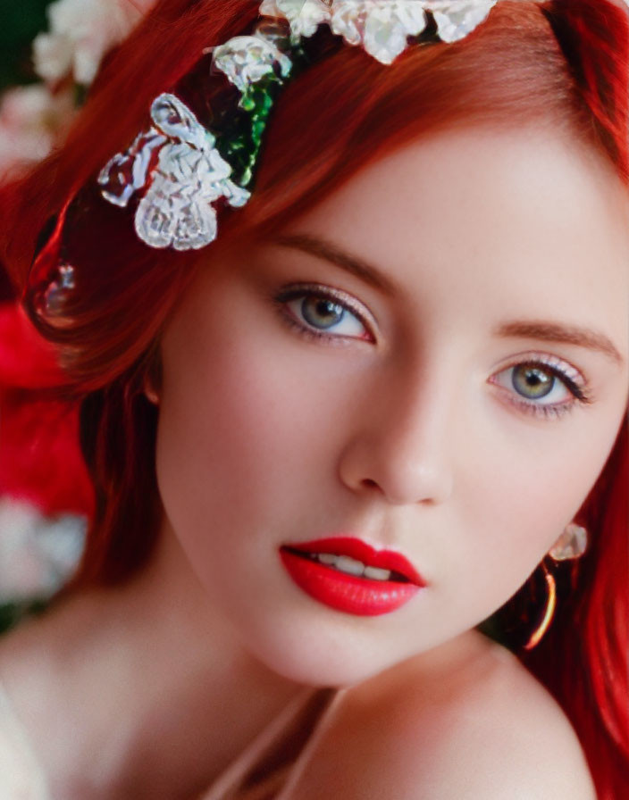 Close-up portrait of woman with red hair, blue eyes, red lipstick, white floral headpiece,