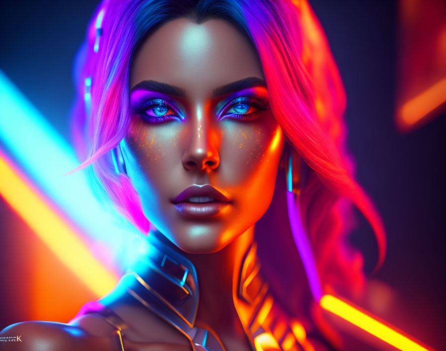 Colorful digital artwork: Woman with blue skin, neon eyes, and luminous hair in vibrant setting