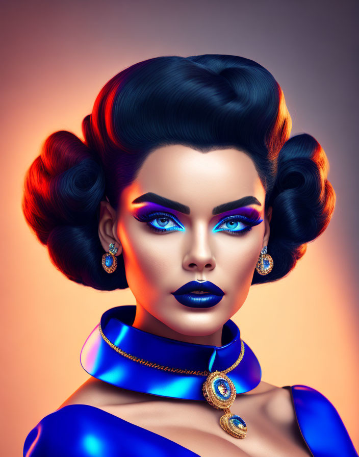 Vibrant blue and purple makeup on woman with elaborate hairstyle and elegant jewelry