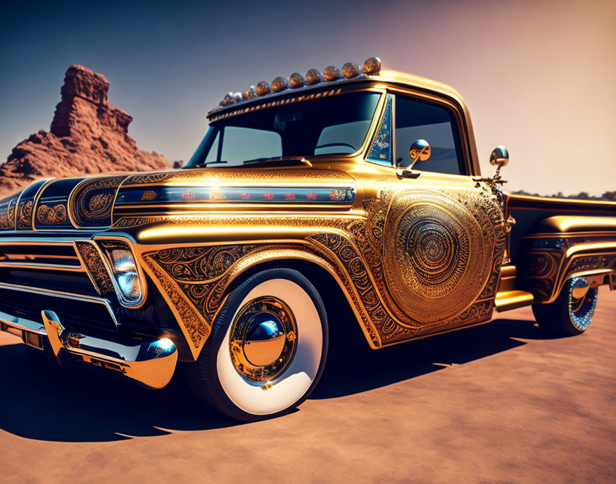 Vintage pickup truck with gold detailing and custom rims in desert setting