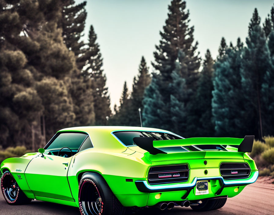 Green Muscle Car with Black Racing Stripes and Spoiler Parked on Road